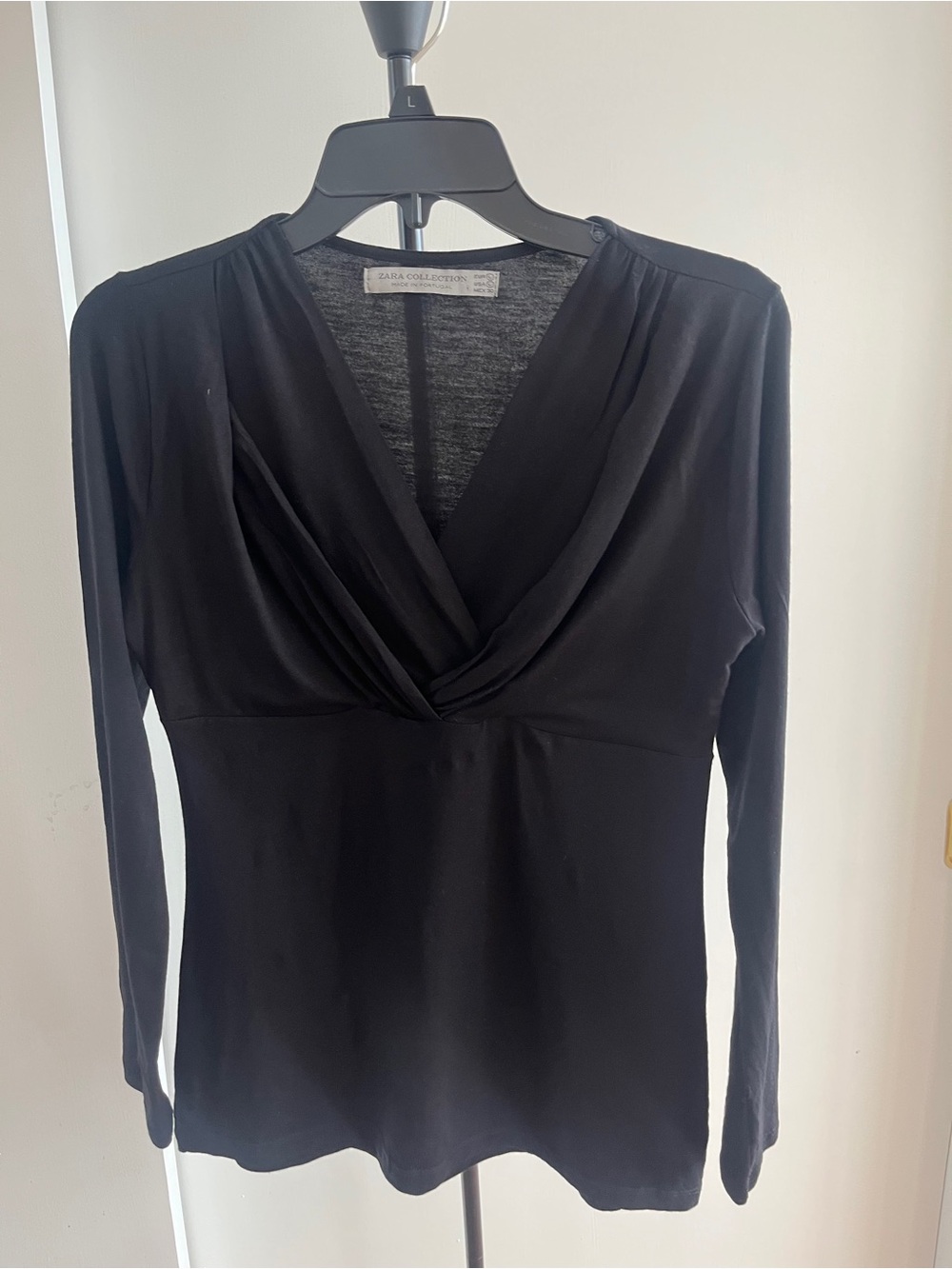 ZARA Collection Black Twist Front V-Neck Long Sleeve Tunic Blouse Top 26" Large